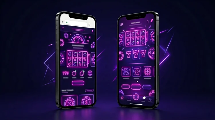 Twee smartphones naast elkaar met browser versus native casino-app in donker thema met neon magenta en violet