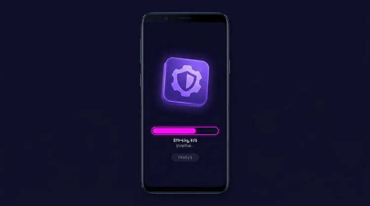 Android telefoon met casino-app installatiescherm en magenta downloadbalk op donkerindigo achtergrond