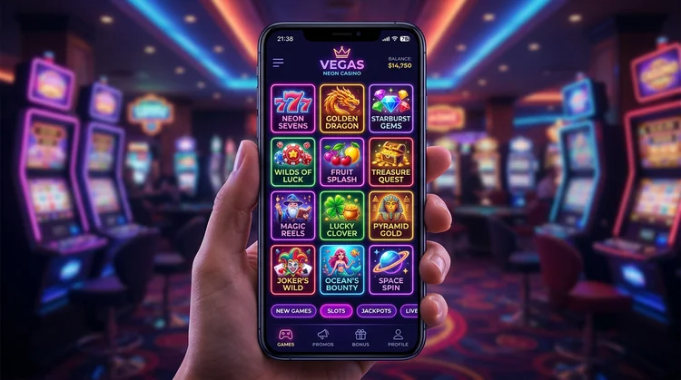 Mobiele casino-app met raster van kleurrijke slot-thumbnails en magenta paarse neonranden