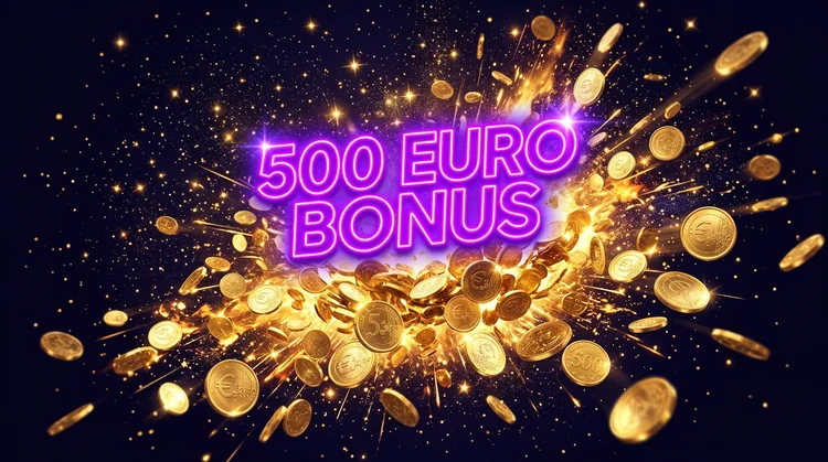 Welkomstbonus illustratie met gouden muntenexplosie en neon magenta bonusaccenten op donkerindigo