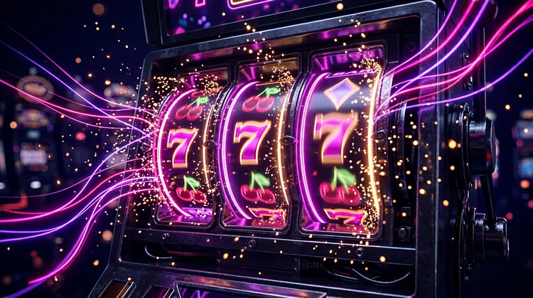 Close-up van gloeiende slotmachine rollen met magenta en violette lichteffecten en gouden sparkles