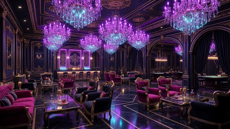 Luxe VIP casino lounge met fluwelen stoelen en kroonluchters in goud magenta en violet neon