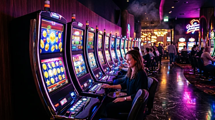 Moderne gokkasten met kleurrijk neonlicht en reflecties in een luxe casino-omgeving.