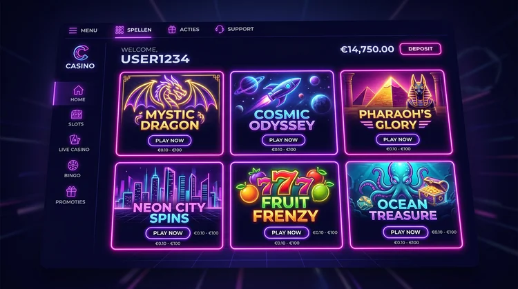 FunBet online casino lobby met donker thema en neon magenta en paarse spelkaarten in een raster