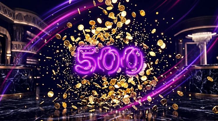 Welkomstbonus visualisatie met gouden munten en neon magenta accenten op donkerindigo achtergrond