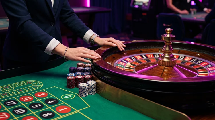 Live casino roulette met groen vilt, fiches en neon magenta en violette verlichting