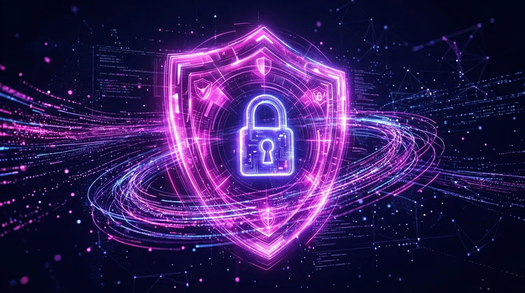 Digitale beveiliging met gloeiend schild, slot-hologram en encryptie-visualisatie in magenta en violet