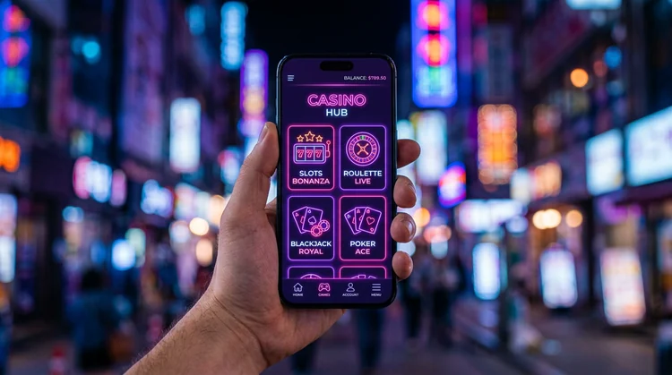 Smartphone met donkere FunBet casino-app interface en neon magenta en paarse speltegels