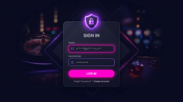 Donker thema inlogscherm mockup met e-mail- en wachtwoordvelden en slotpictogram in neon magenta en violet