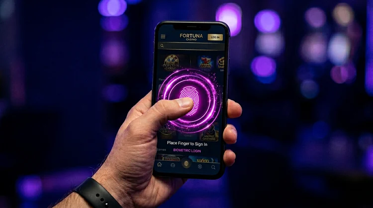 Smartphone met biometrische vingerafdruklogin op donkere casino-app interface