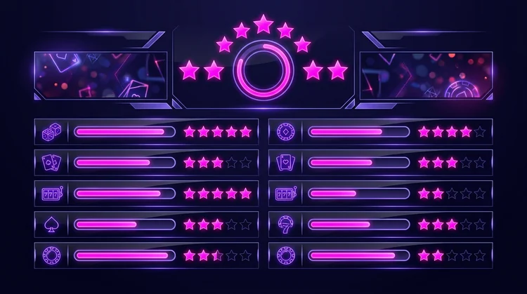 Casino review scorecard met neon magenta sterren en voortgangsbalken op donkerindigo achtergrond