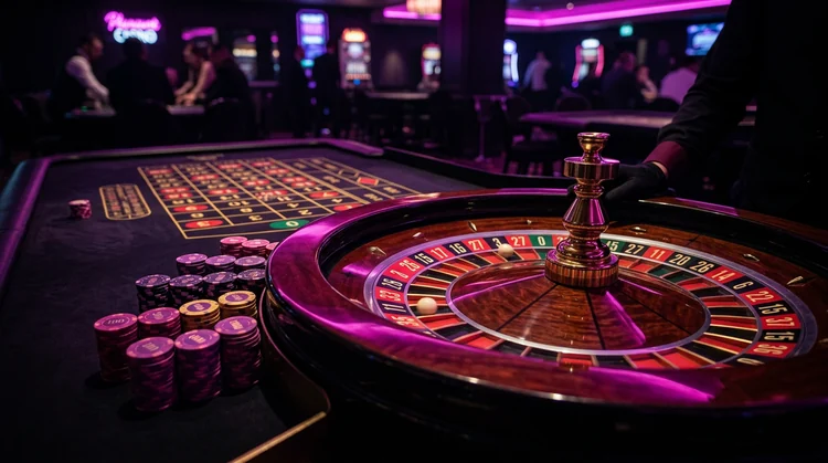 Live casino roulettewiel en fiches met magenta en violette neonverlichting