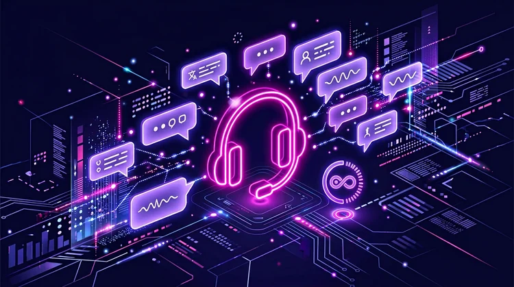 Klantenservice concept met gloeiend headset-icoon en chatbellen in neon magenta en violet